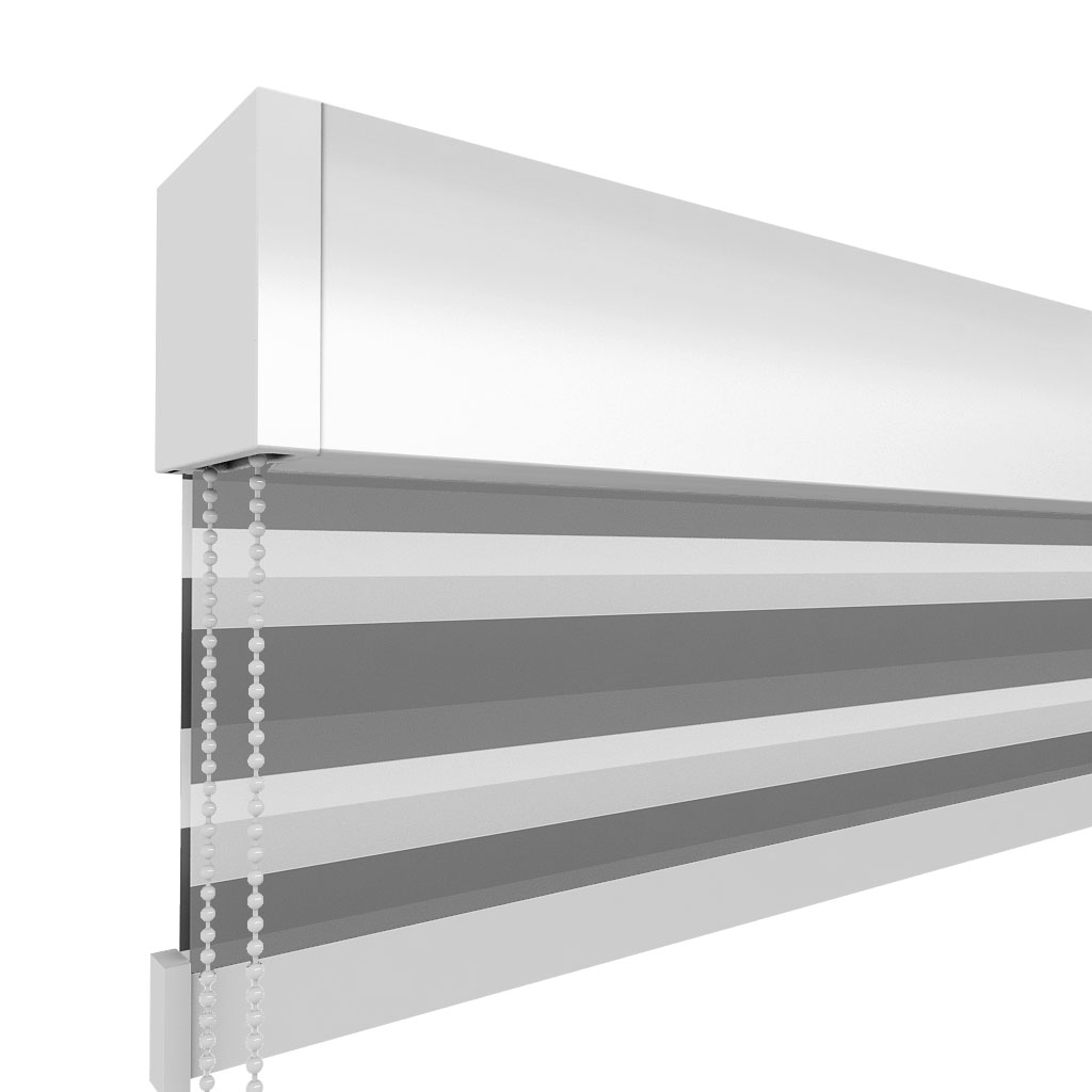 SQUARE BOX - Acabamento fechado com design reto e minimalista, conferindo um visual moderno com vedação eficiente da luz. Pode ser combinado com guias laterais para bloqueio total. Disponível em branco e anodizado.